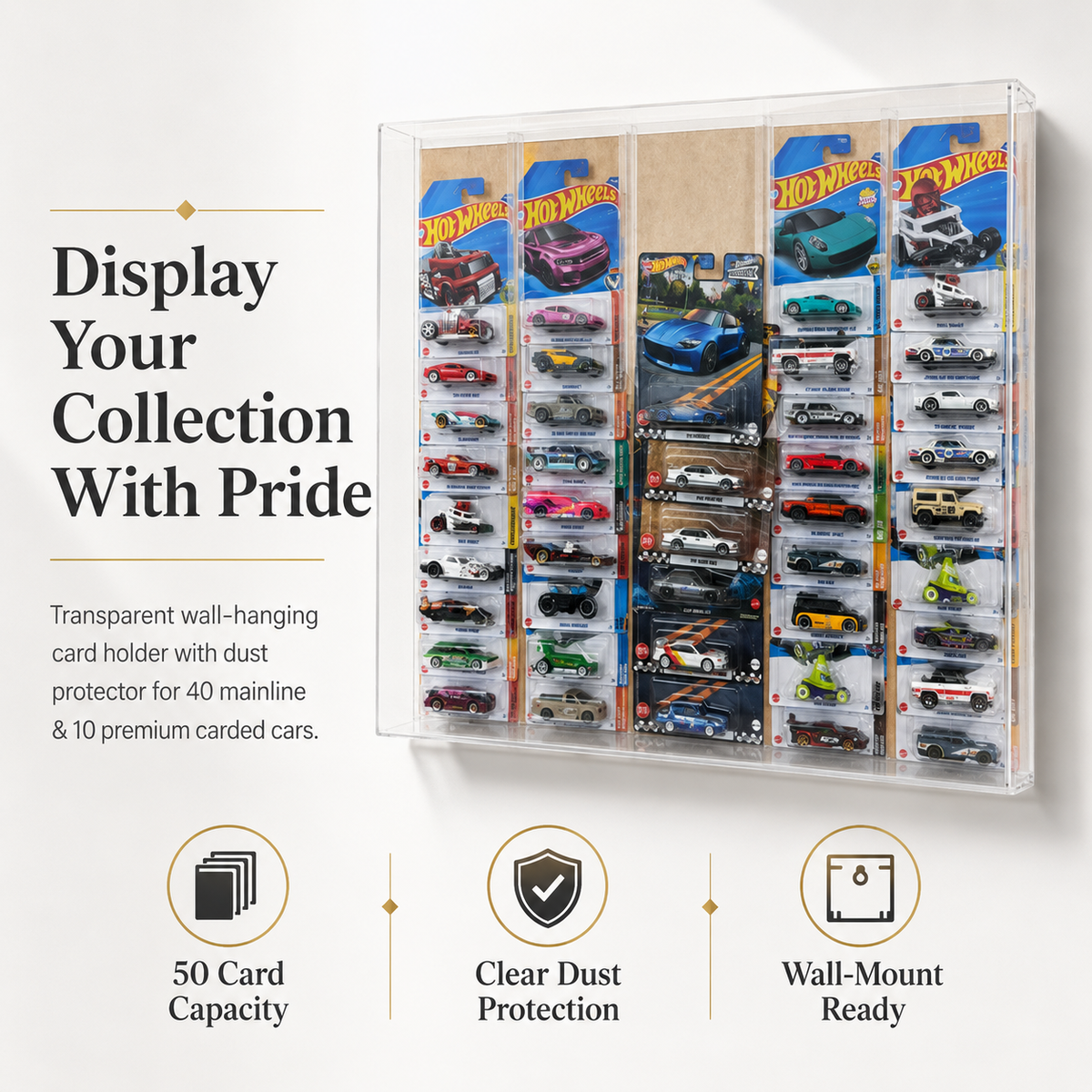 Wall-Hanging Card Holder for 40 Mainline & 10 Premium Carded Hot Wheels