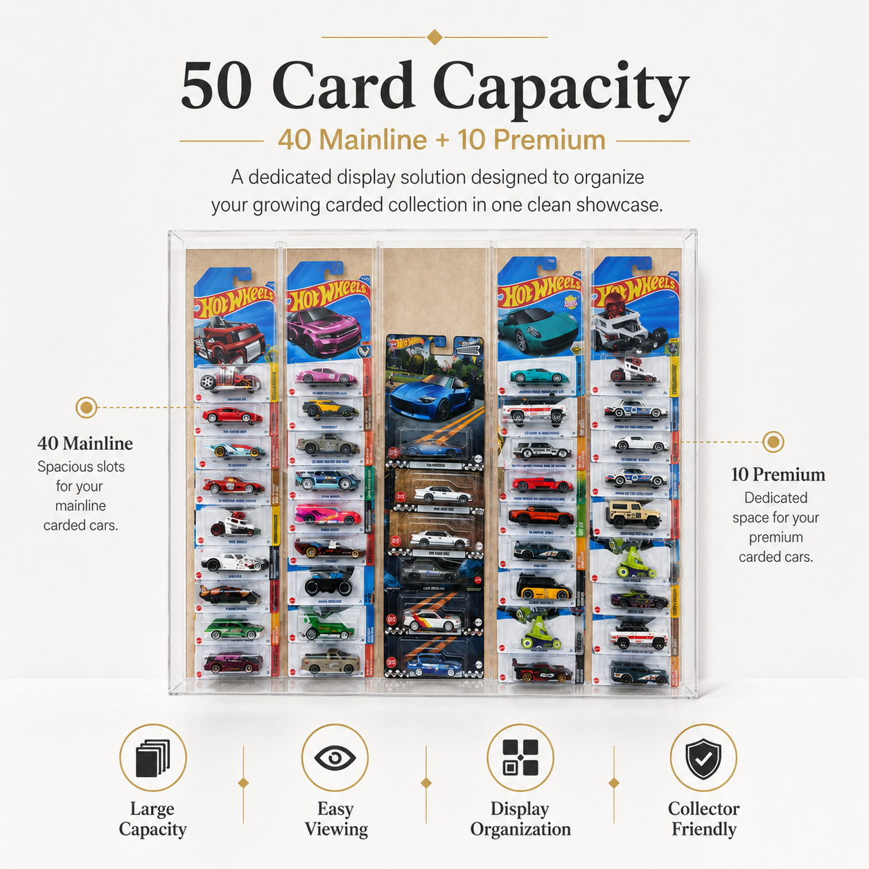 Wall-Hanging Card Holder for 40 Mainline & 10 Premium Carded Hot Wheels